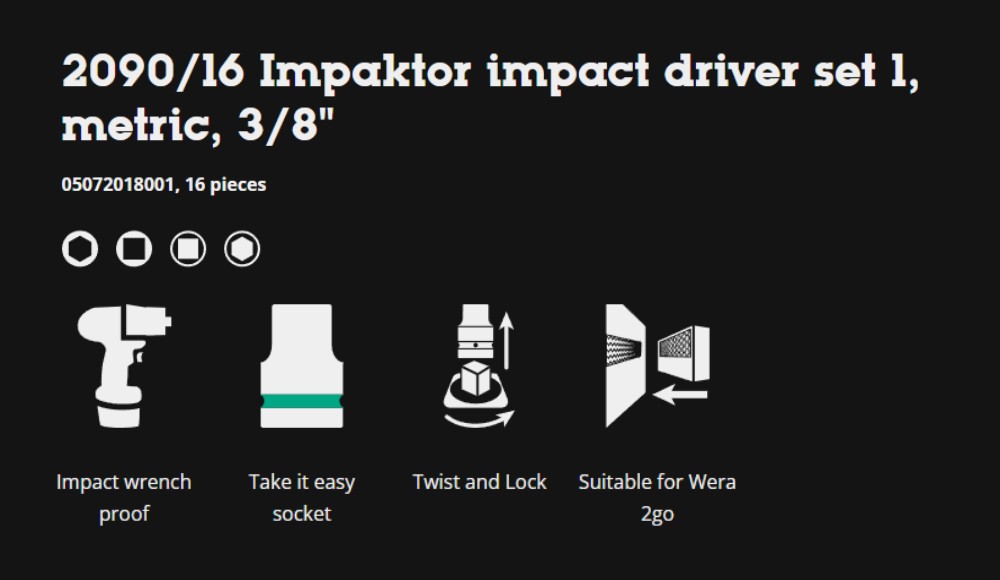 ชุดบล็อก Wera 2090 16 Impaktor impact screwdriver set 1 ขนาด 3 8  05072018001 ชุด 16 ชิ้น
