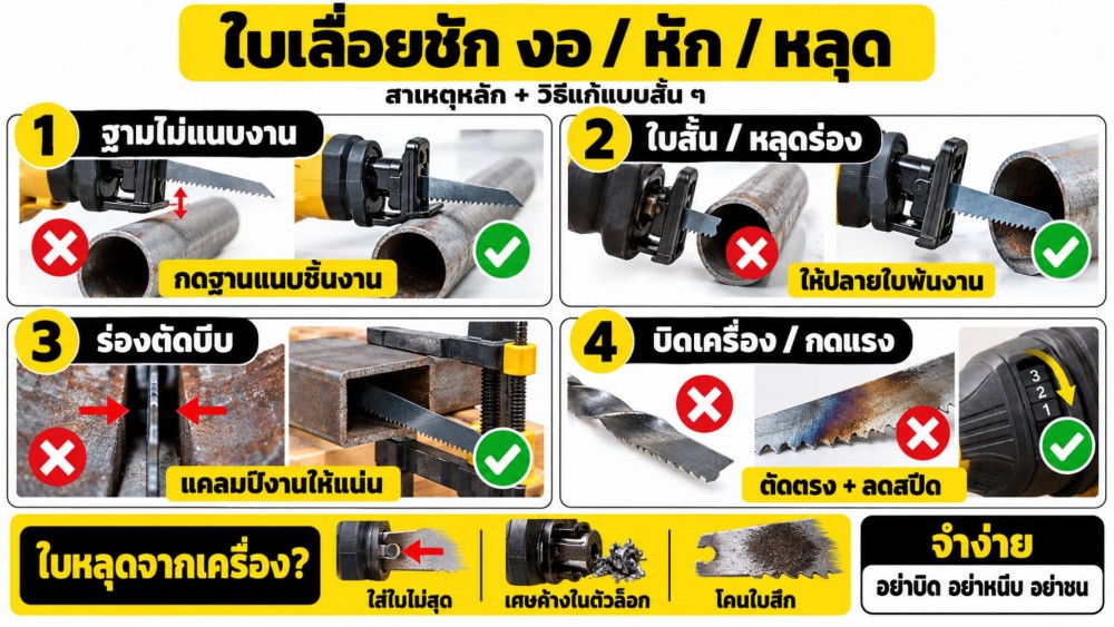 ใบเลื่อยชัก งอ หัก หลุดระหว่างตัด เกิดจากอะไร และแก้ยังไง ใบเลื่อยชัก งอ หัก หลุดระหว่างตัด เกิดจากอะไร และแก้ยังไง