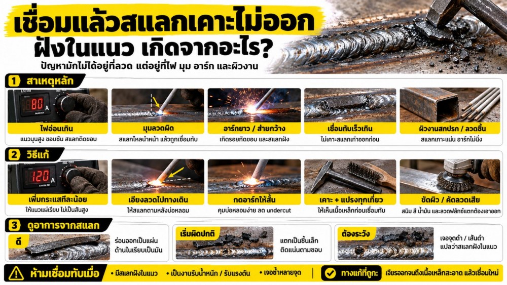 ใช้ ลวดเชื่อม เชื่อม แล้วสแลกเคาะไม่ออก ฝังในแนว เกิดจากอะไร แก้ยังไง