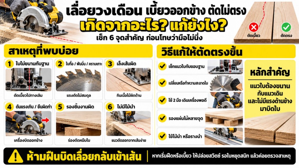 เลื่อยวงเดือน เบี้ยวออกข้าง ตัดไม่ตรง เกิดจากอะไร แก้ยังไง