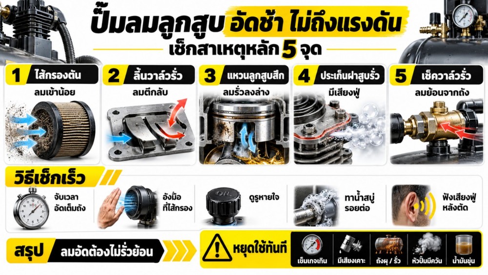 หาสาเหตุ ปั๊มลมลูกสูบ อัดช้า ไม่ถึงแรงดัน แหวน วาล์ว หรือประเก็น