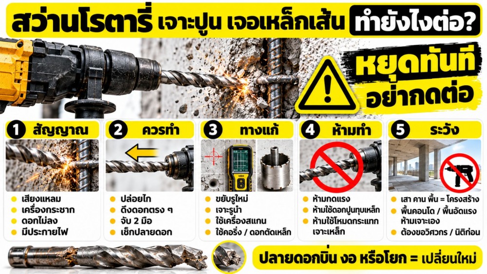 ใช้ สว่านโรตารี่ เจาะปูน เจอเหล็กเส้น ควรทำยังไงต่อ