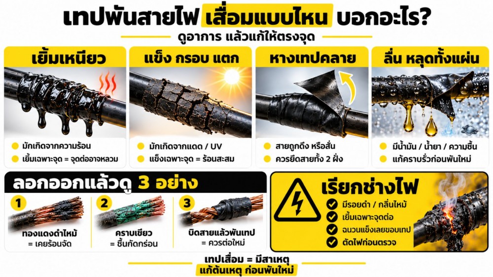 เทปพันสายไฟ เยิ้ม แข็ง หรือหลุด บอกอะไร แก้ที่เทป หรือสาย เทปพันสายไฟ เยิ้ม แข็ง หรือหลุด บอกอะไร แก้ที่เทป หรือสาย