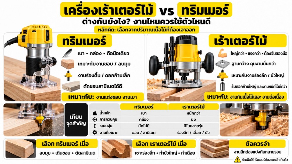 เครื่องเร้าเตอร์ไม้ กับทริมเมอร์ ต่างกันตรงไหน งานไหน ใช้ตัวไหนดี
