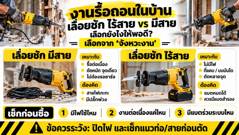 งานรื้อถอนในบ้าน เลื่อยชัก ไร้สาย กับมีสาย เลือกยังไง ให้พอดี