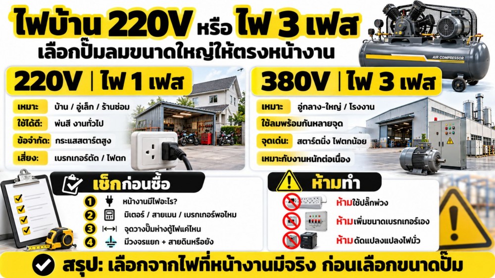 ไฟบ้าน 220V หรือไฟ 3 เฟส เลือก ปั้มลมขนาดใหญ่ ให้ตรงกับหน้างาน
