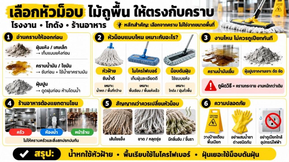 โรงงาน โกดัง ร้านอาหาร เลือกหัวม็อบ ไม้ถูพื้น ยังไงให้ตรงกับคราบ