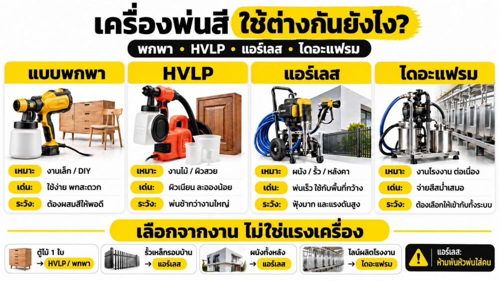 รู้ไหม เครื่องพ่นสี แบบพกพา HVLP แอร์เลส ไดอะแฟรม ใช้ต่างกันยังไง