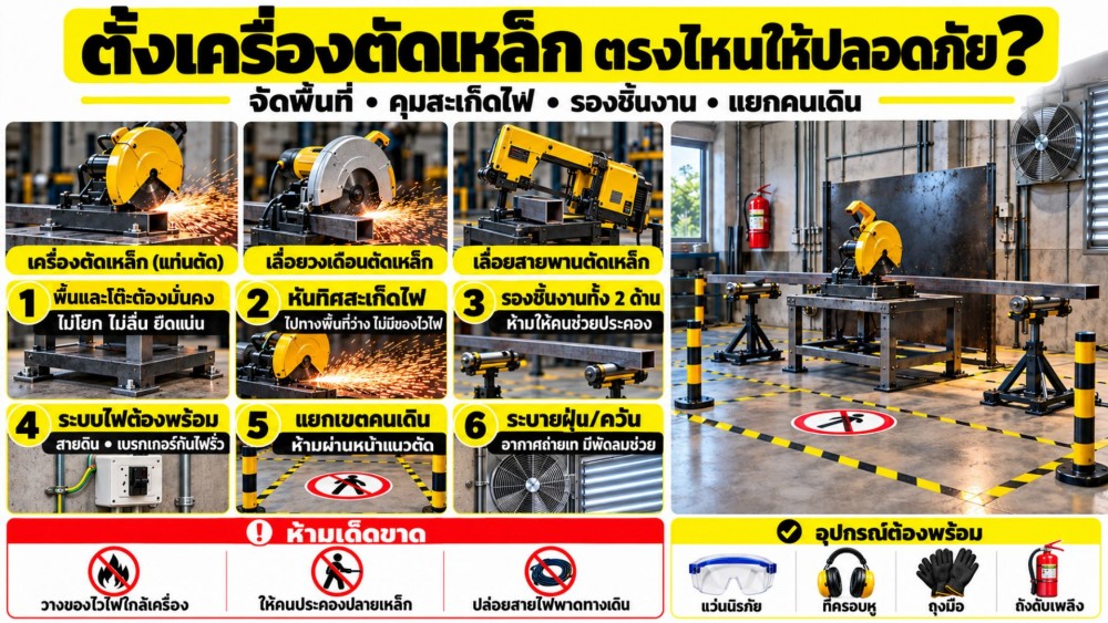 ตั้ง เครื่องตัดเหล็ก ยังไงให้ปลอดภัย การจัดพื้นที่ สะเก็ดไฟ และรองงาน