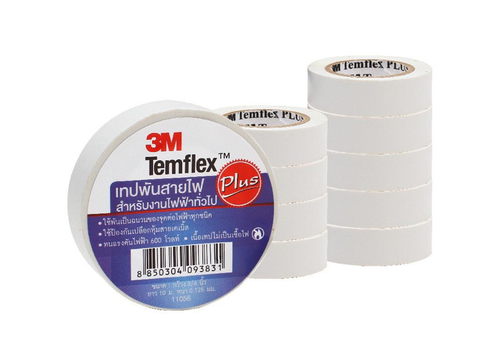 เทปพันสายไฟไวนิล 3M TEMFLEX PLUS สีขาว กว้าง 3/4 นิ้ว ยาว 10 ม. หนา 0.125 มม.
