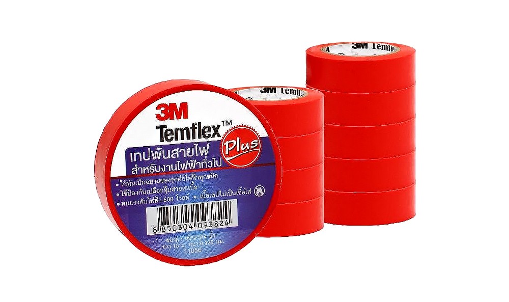 เทปพันสายไฟไวนิล 3M TEMFLEX PLUS สีแดง กว้าง 3/4 นิ้ว ยาว 10 ม. หนา 0.125 มม.