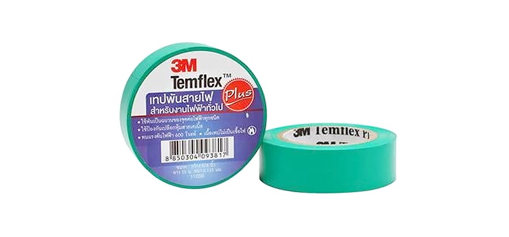 เทปพันสายไฟไวนิล 3M TEMFLEX PLUS สีเขียว กว้าง 3/4 นิ้ว ยาว 10 ม. หนา 0.125 มม.
