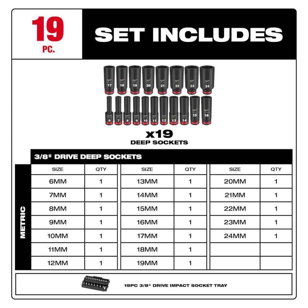 MILWAUKEE 49-66-6816 Impact Socket Set Duty Size 3/8 inch 19 pcs. With tray