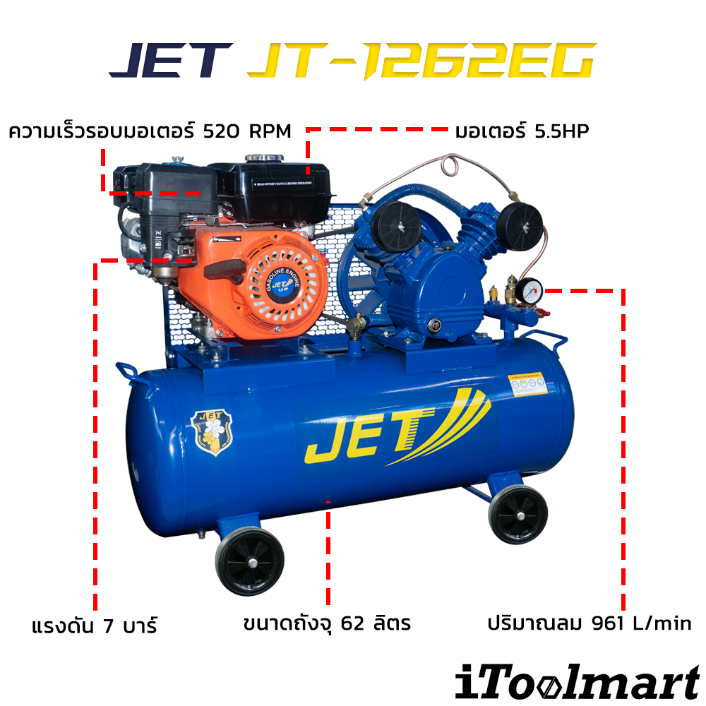 ปั๊มลมเครื่องยนต์เบนซิน JET JT-1262EG ขนาด 62 ลิตร