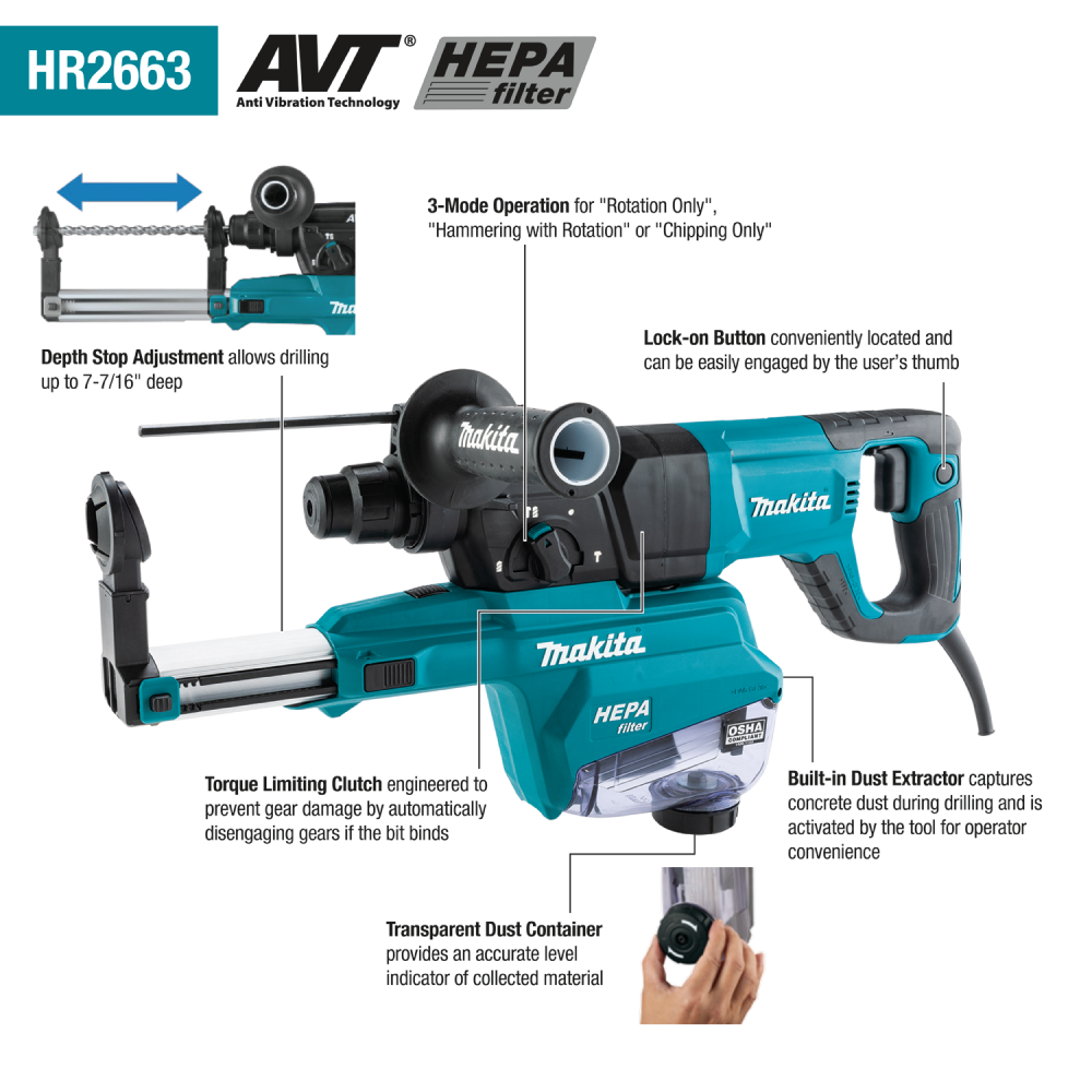 สว่านโรตารี่ไฟฟ้า MAKITA HR2663 SDS Plus ขนาด 26 มม. กำลังไฟ 800 วัตต์ แรงกระแทก 2.2 จูล