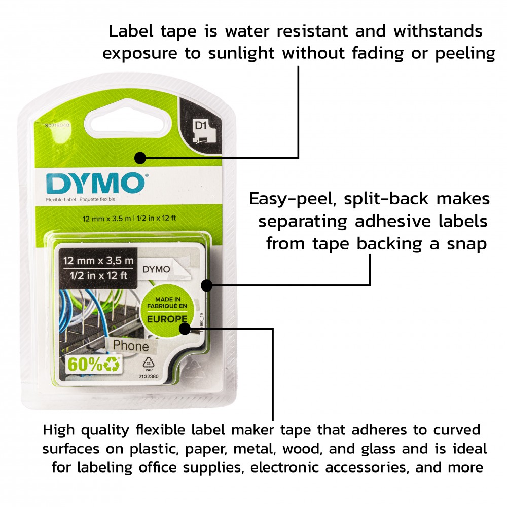 เทปไนลอน DYMO LabelManager S0718040 D1 ขนาด 12 มม x 3 5 ม  ดำ ขาว