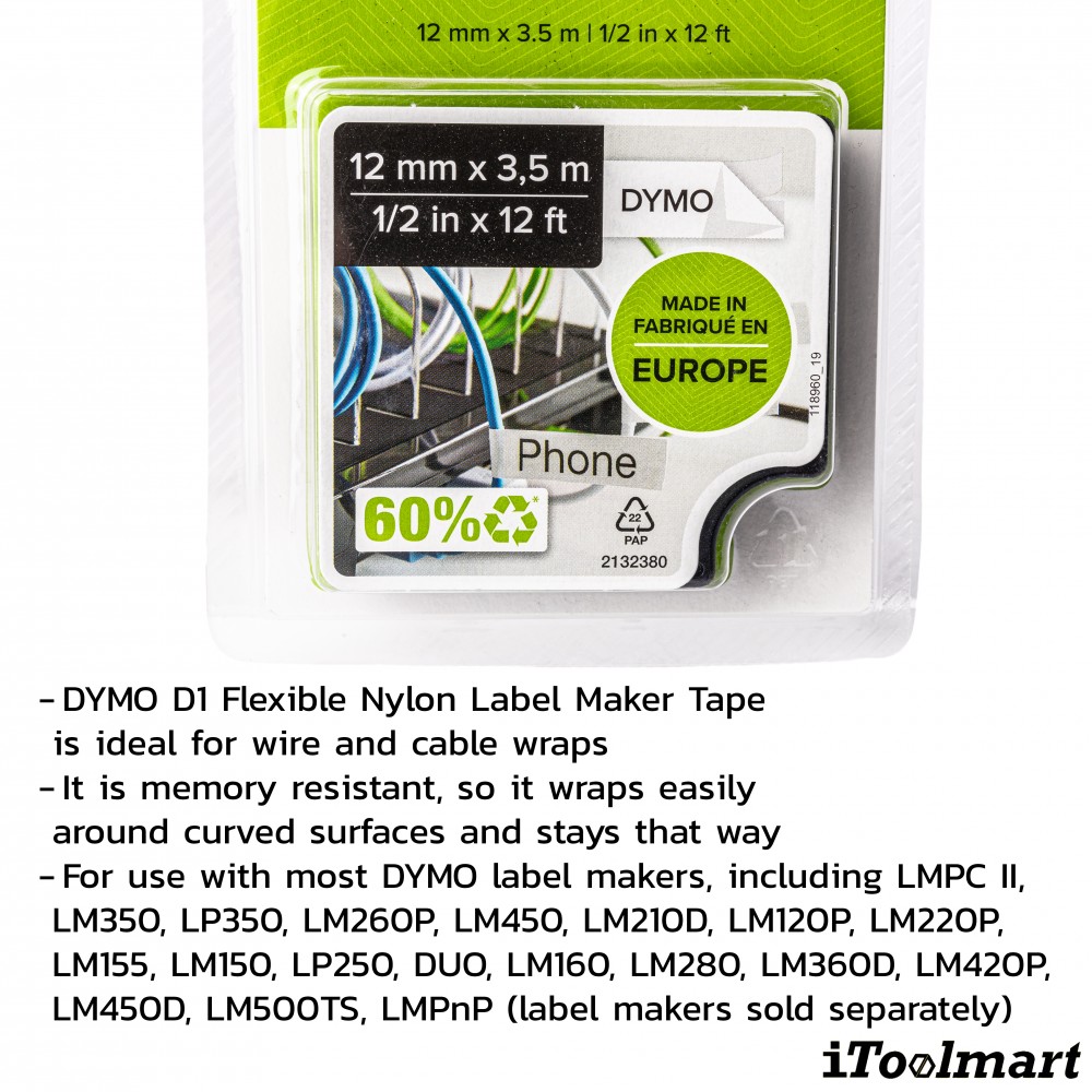 เทปไนลอน DYMO LabelManager S0718040 D1 ขนาด 12 มม x 3 5 ม  ดำ ขาว