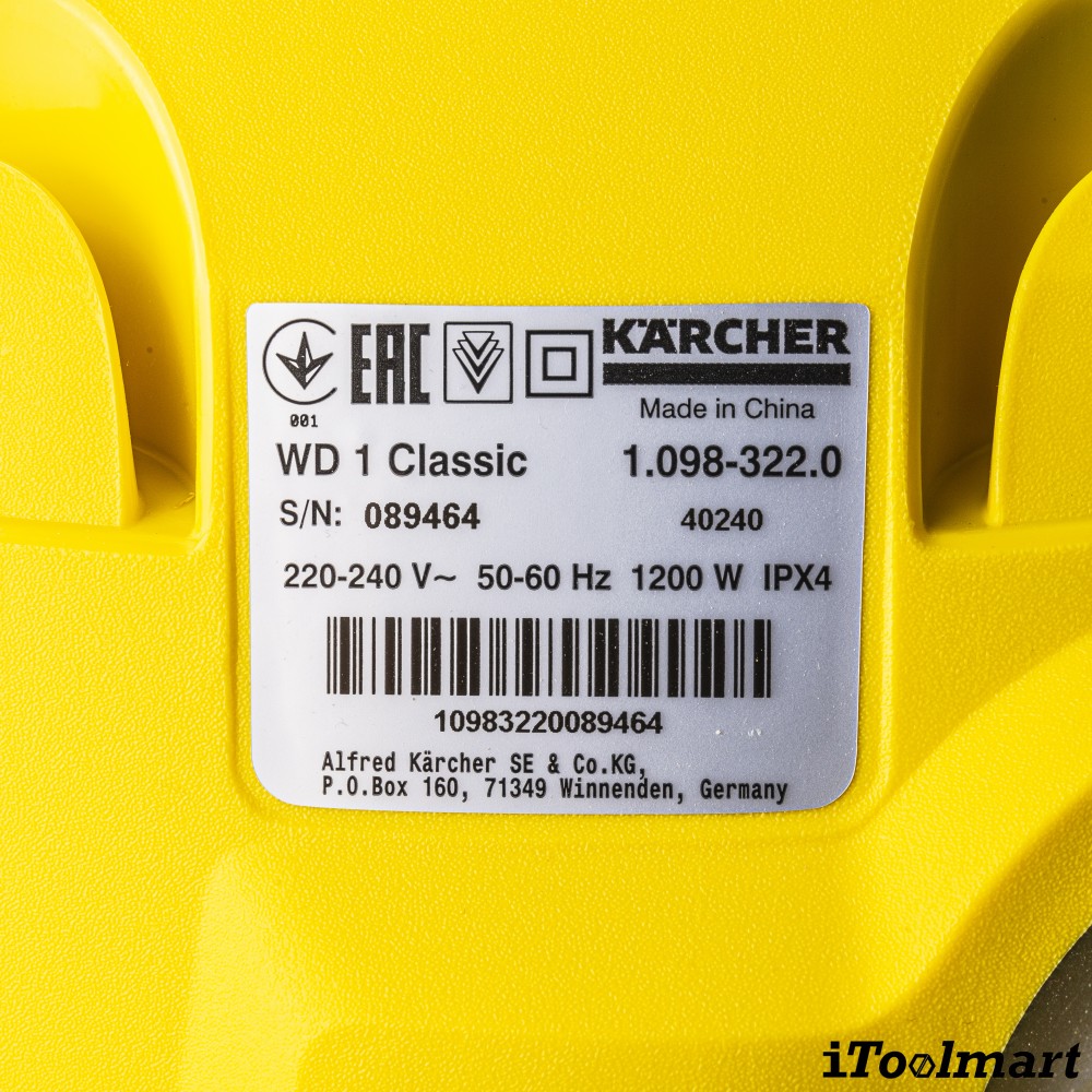 เครื่องดูดฝุ่นเปียก แห้ง Karcher WD 1 Classic กำลังไฟ 1 200 วัตต์ 1 098 322 0