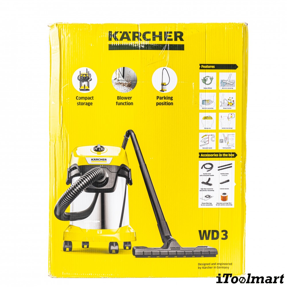 เครื่องดูดฝุ่น น้ำ แห้ง Karcher WD 3 S V 17 4 20 ถังสแตนเลส ขนาด 17 ลิตร ระบบล็อค Pull   Push 1 628 135 0