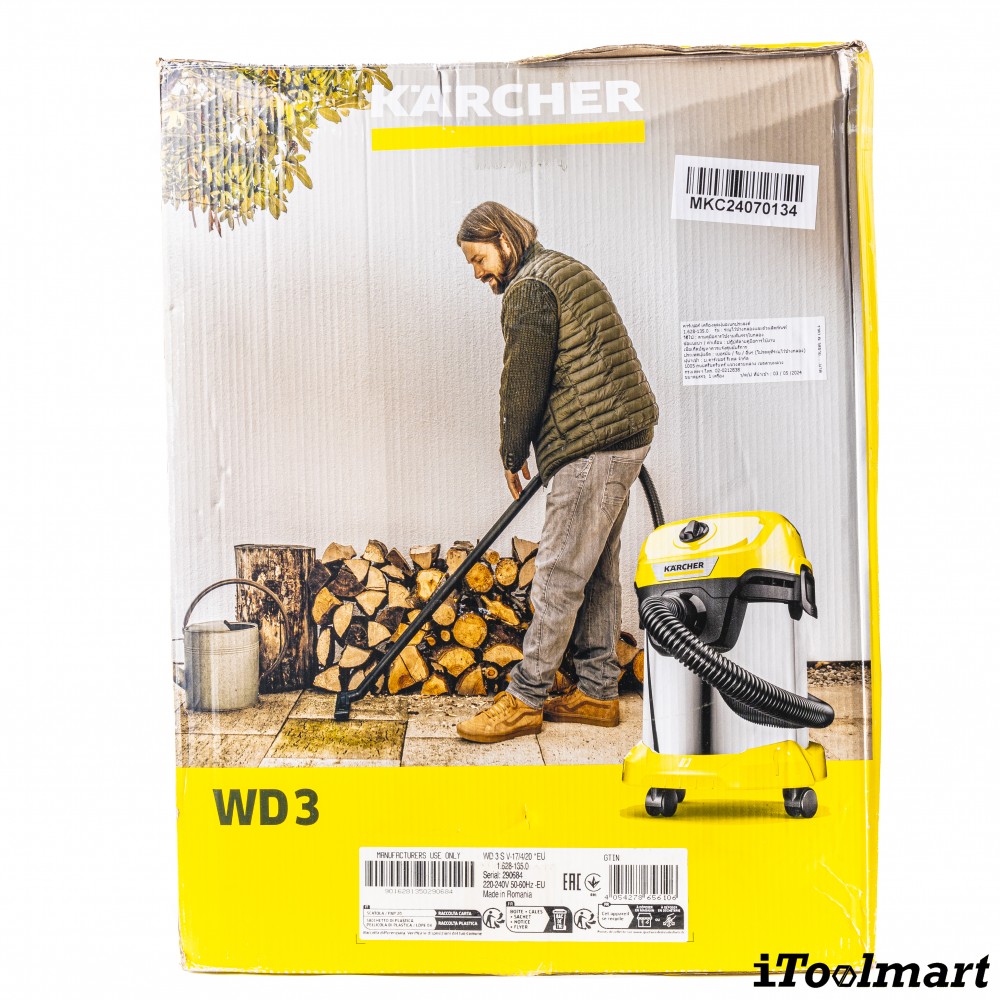 เครื่องดูดฝุ่น น้ำ แห้ง Karcher WD 3 S V 17 4 20 ถังสแตนเลส ขนาด 17 ลิตร ระบบล็อค Pull   Push 1 628 135 0