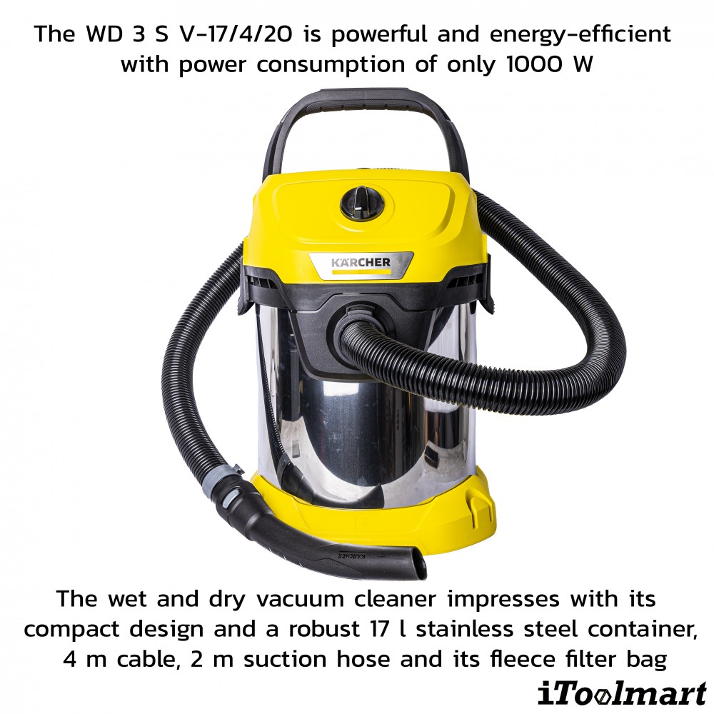 เครื่องดูดฝุ่น น้ำ แห้ง Karcher WD 3 S V 17 4 20 ถังสแตนเลส ขนาด 17 ลิตร ระบบล็อค Pull   Push 1 628 135 0