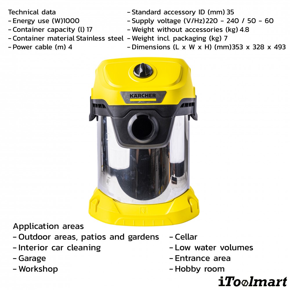 เครื่องดูดฝุ่น น้ำ แห้ง Karcher WD 3 S V 17 4 20 ถังสแตนเลส ขนาด 17 ลิตร ระบบล็อค Pull   Push 1 628 135 0