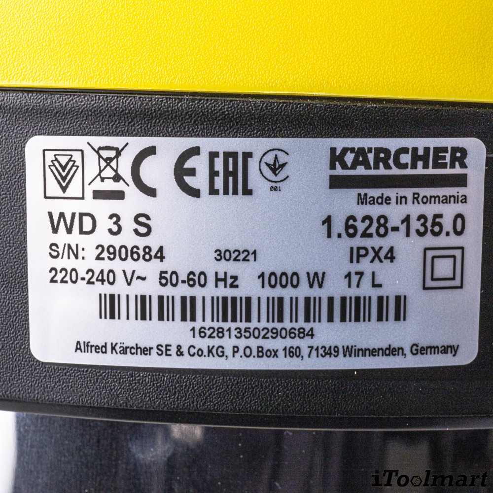 เครื่องดูดฝุ่น น้ำ แห้ง Karcher WD 3 S V 17 4 20 ถังสแตนเลส ขนาด 17 ลิตร ระบบล็อค Pull   Push 1 628 135 0