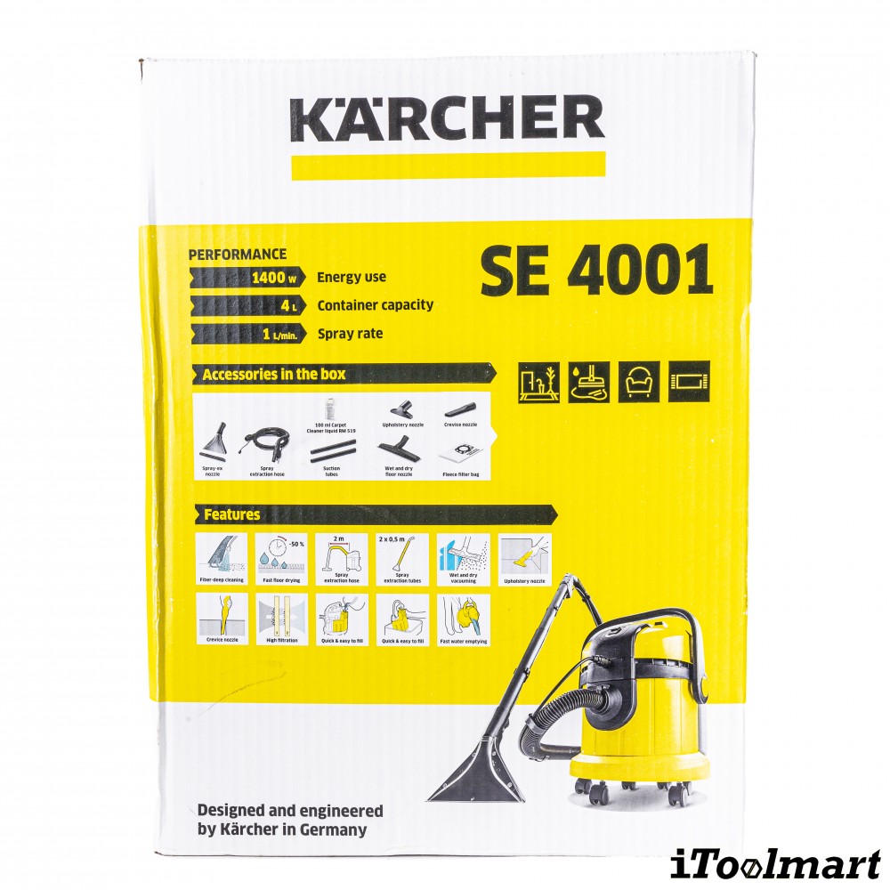 เครื่องซักพรมแบบสเปรย์แล้วดูดกลับ Karcher SE 4001 แรงดันไฟฟ้า 220 240 โวลต์ ความจุถัง 4 ลิตร 1 081 130 0