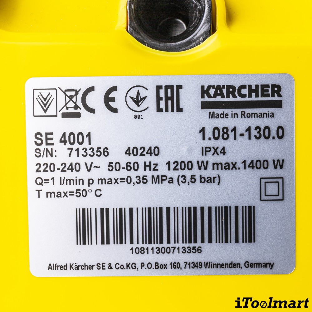 เครื่องซักพรมแบบสเปรย์แล้วดูดกลับ Karcher SE 4001 แรงดันไฟฟ้า 220 240 โวลต์ ความจุถัง 4 ลิตร 1 081 130 0