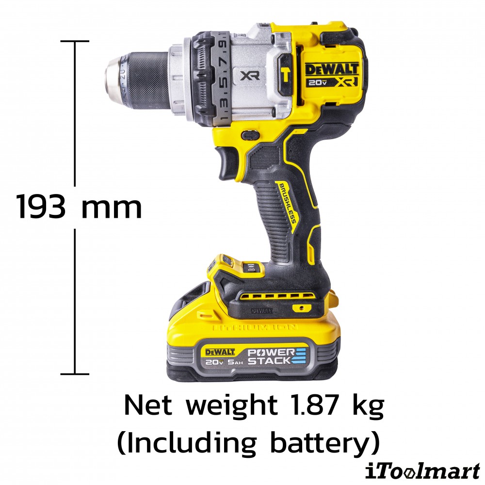 ชุดสว่านกระแทกไร้สาย DeWALT DCD1007H1T B1 มาพร้อมแบตเตอรี่   แท่นชาร์จ มอเตอร์ไร้แปรงถ่าน 20V Max