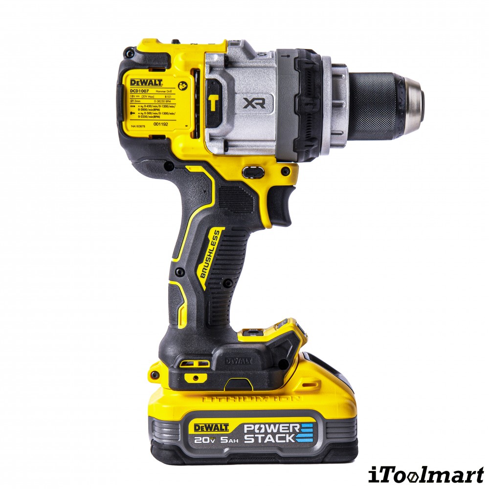 ชุดสว่านกระแทกไร้สาย DeWALT DCD1007H1T B1 มาพร้อมแบตเตอรี่   แท่นชาร์จ มอเตอร์ไร้แปรงถ่าน 20V Max