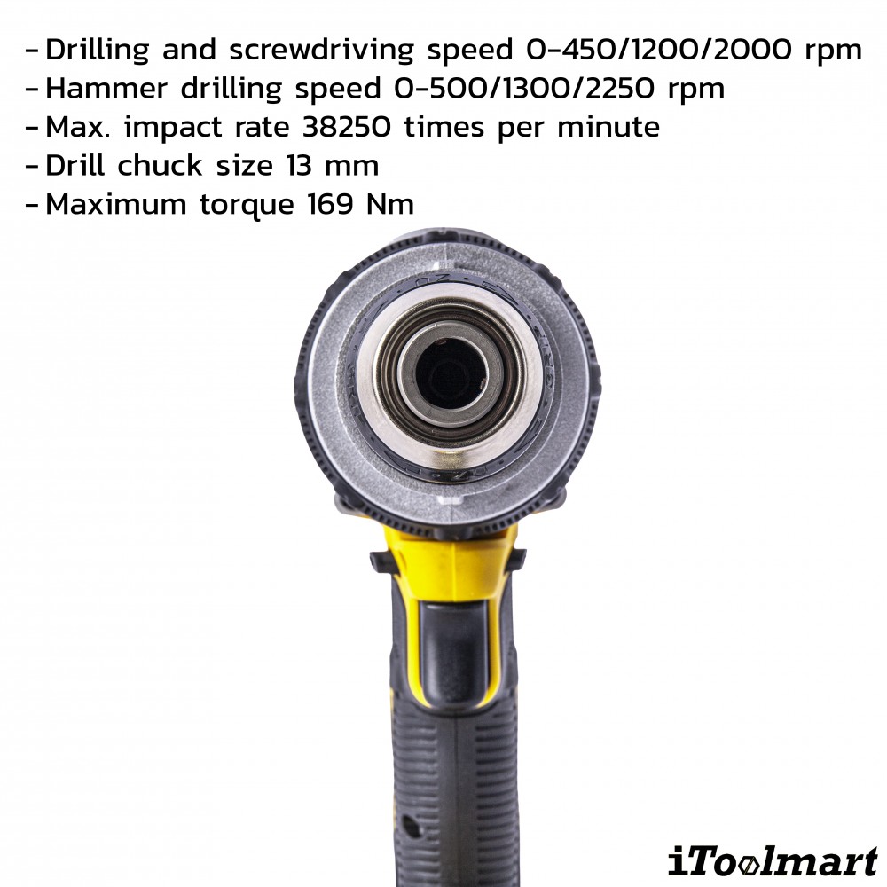 ชุดสว่านกระแทกไร้สาย DeWALT DCD1007H1T B1 มาพร้อมแบตเตอรี่   แท่นชาร์จ มอเตอร์ไร้แปรงถ่าน 20V Max