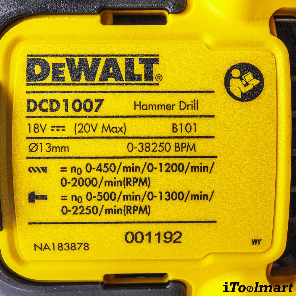 ชุดสว่านกระแทกไร้สาย DeWALT DCD1007H1T B1 มาพร้อมแบตเตอรี่   แท่นชาร์จ มอเตอร์ไร้แปรงถ่าน 20V Max