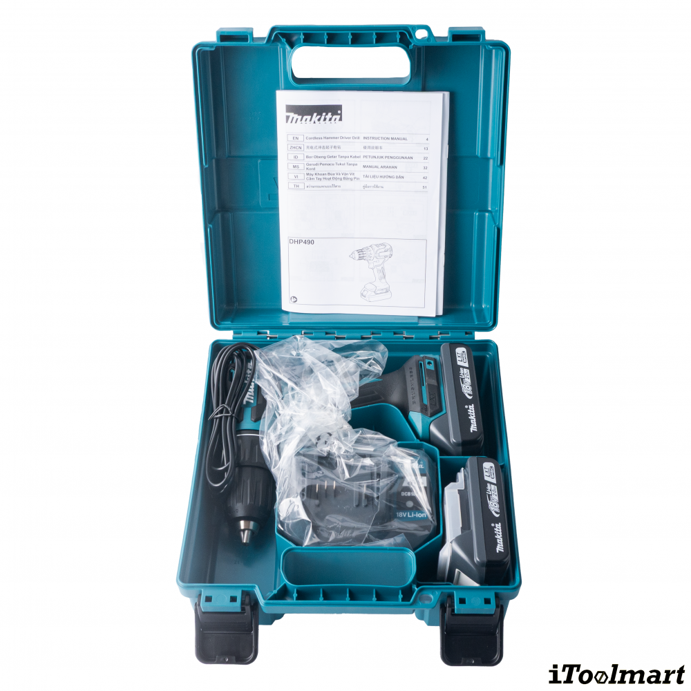 สว่านกระแทกไร้สาย MAKITA DHP490WVE ขนาด 1 2 นิ้ว 18V  พร้อมแท่นชาร์จและแบตเตอรี่ สว่านกระแทกไร้สาย MAKITA DHP490WVE ขนาด 1 2 นิ้ว 18V  พร้อมแท่นชาร์จและแบตเตอรี่