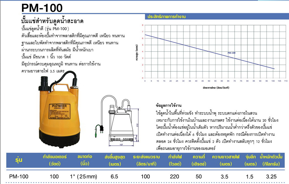 ปั๊มแช่ PIONEER รุ่น PM 100 ขนาด 1 นิ้ว กำลังไฟ 100 วัตต์