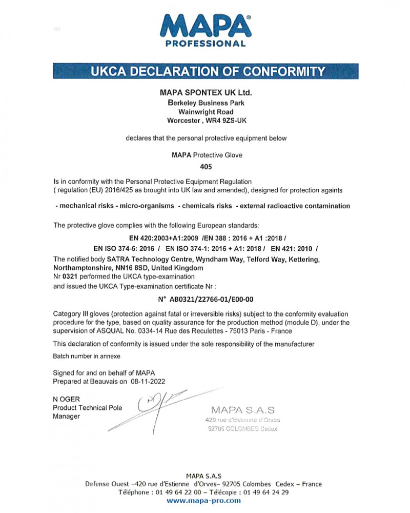 ถุงมือยาง MAPA Alto 405 Activated เบอร์ 8 M LATEX MIX FSC® certified ปกป้องเคมีระดับกลาง