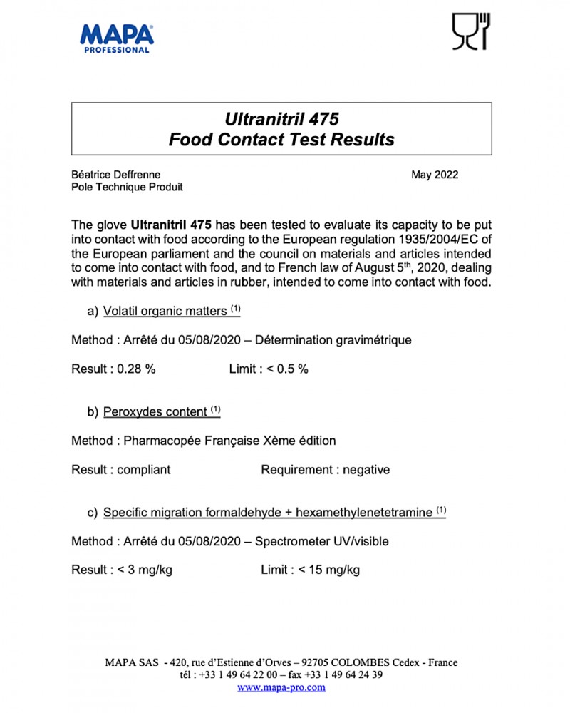 ถุงมือยาง MAPA Ultranitril 475 เบอร์ 8 M NITRILE Food Grade ปกป้องเคมีระดับกลาง
