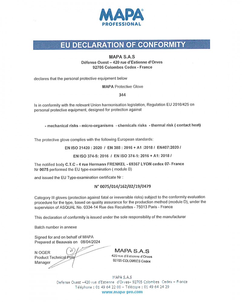 ถุงมือกันยาง MAPA FLUOTECH 344 เบอร์ 8 M FLUOROELASTOMER ปกป้องเคมีระดับสูงสุด