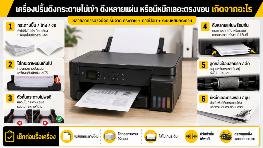 เครื่องปริ้นดึงกระดาษไม่เข้า ดึงหลายแผ่น หรือมีหมึกเลอะตรงขอบ เกิดจากอะไร