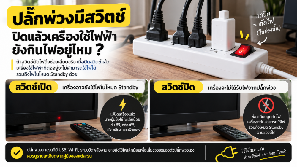ปลั๊กพ่วงมีสวิตช์ ปิดแล้วเครื่องใช้ไฟฟ้ายังกินไฟอยู่ไหม