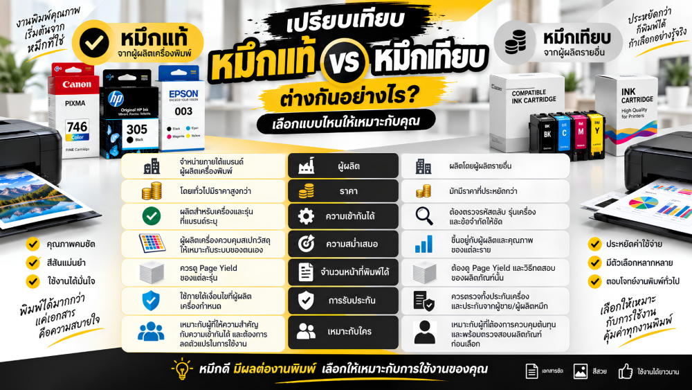 หมึกเครื่องปริ้นแบบแท้กับหมึกเทียบ ต่างกันอย่างไร เลือกแบบไหนดี