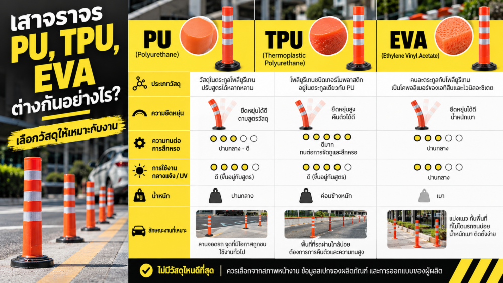 เสาจราจร PU TPU EVA ต่างกันอย่างไร เลือกวัสดุให้เหมาะกับงาน เสาจราจร PU TPU EVA ต่างกันอย่างไร เลือกวัสดุให้เหมาะกับงาน