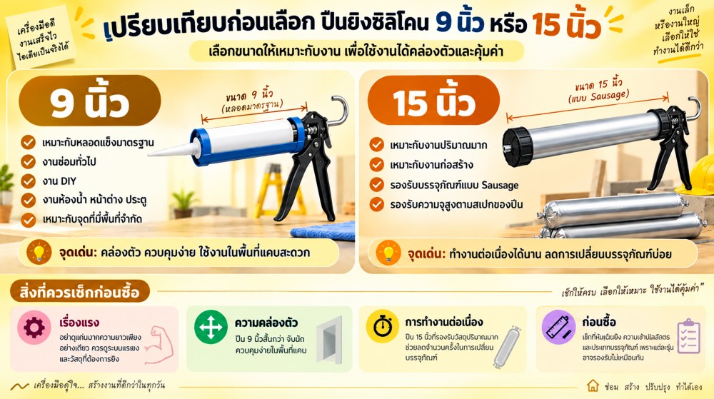 ปืนยิงซิลิโคน 9 นิ้ว กับ 15 นิ้ว ต่างกันอย่างไร ปืนยิงซิลิโคน 9 นิ้ว กับ 15 นิ้ว ต่างกันอย่างไร