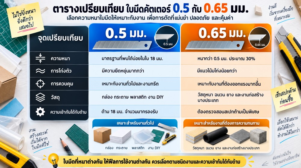 ใบมีดคัตเตอร์ 18 มม เท่ากัน แต่หนา 05 กับ 065 มม ใช้งานต่างกันไหม