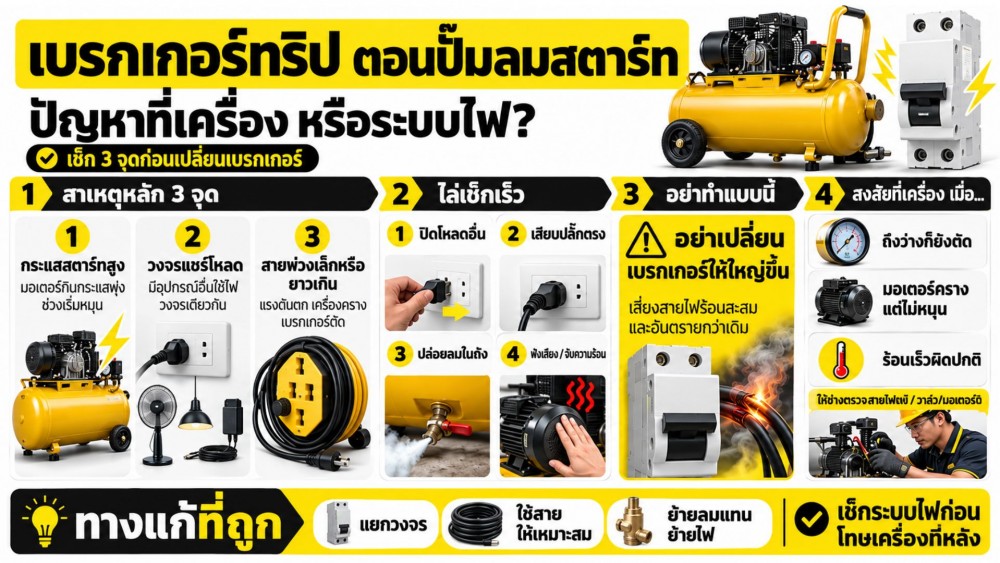เบรกเกอร์ทริป เวลา ปั๊มลม สตาร์ท ปัญหาที่เครื่อง หรือระบบไฟ