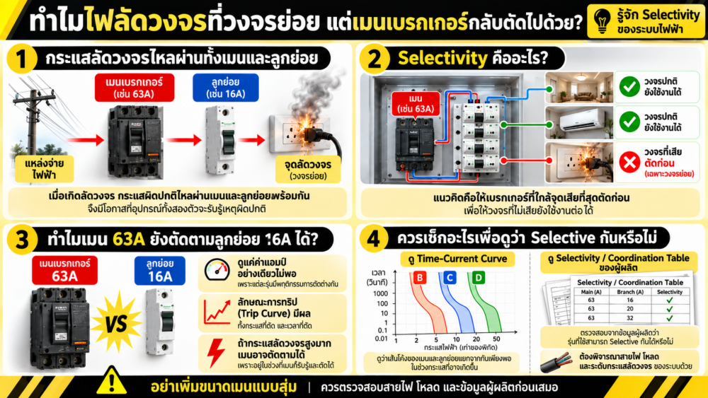 ทำไมไฟลัดวงจรที่วงจรย่อย แต่เมนเบรกเกอร์กลับตัดไปด้วย รู้จัก Selectivity ของระบบไฟฟ้า ทำไมไฟลัดวงจรที่วงจรย่อย แต่เมนเบรกเกอร์กลับตัดไปด้วย รู้จัก Selectivity ของระบบไฟฟ้า